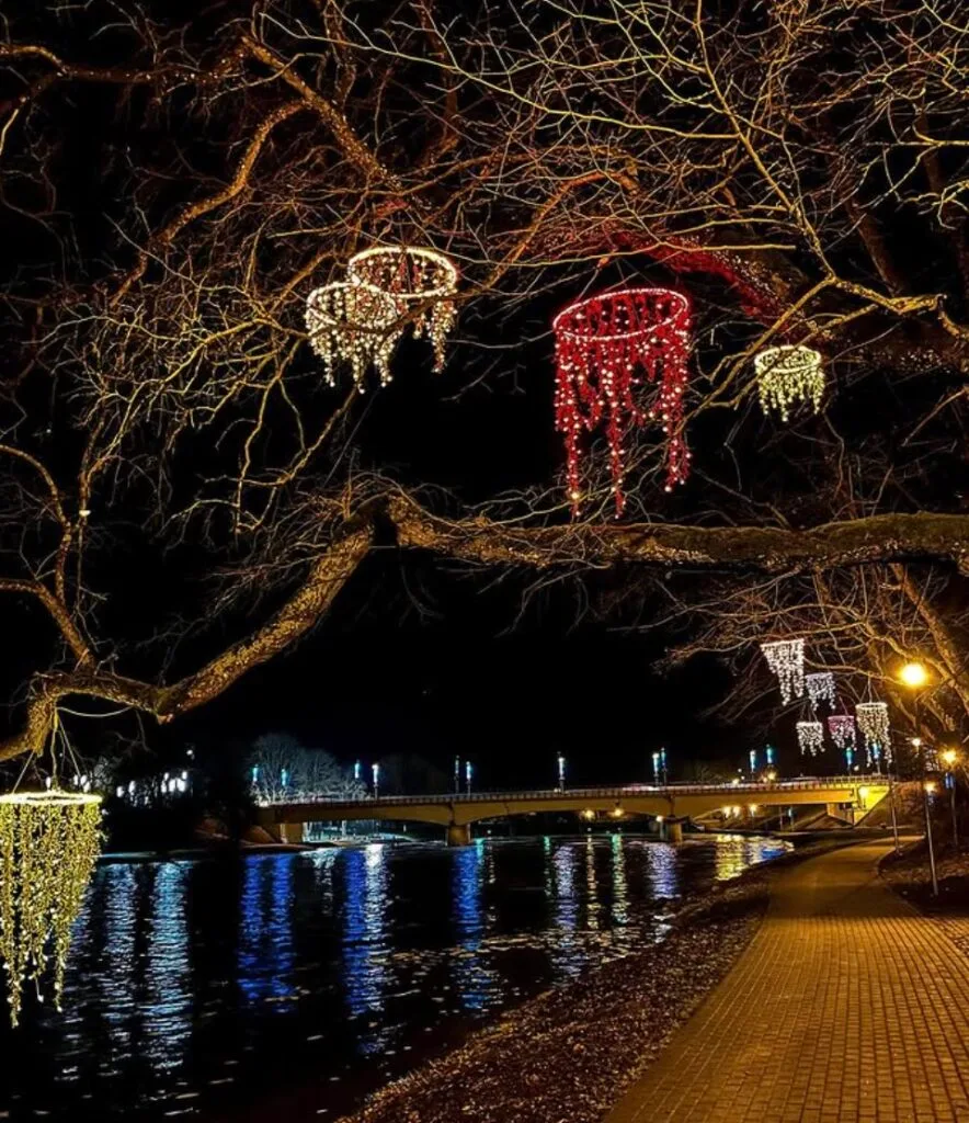 Illuminated hanging decorations along a river path in Anykščiai at night.