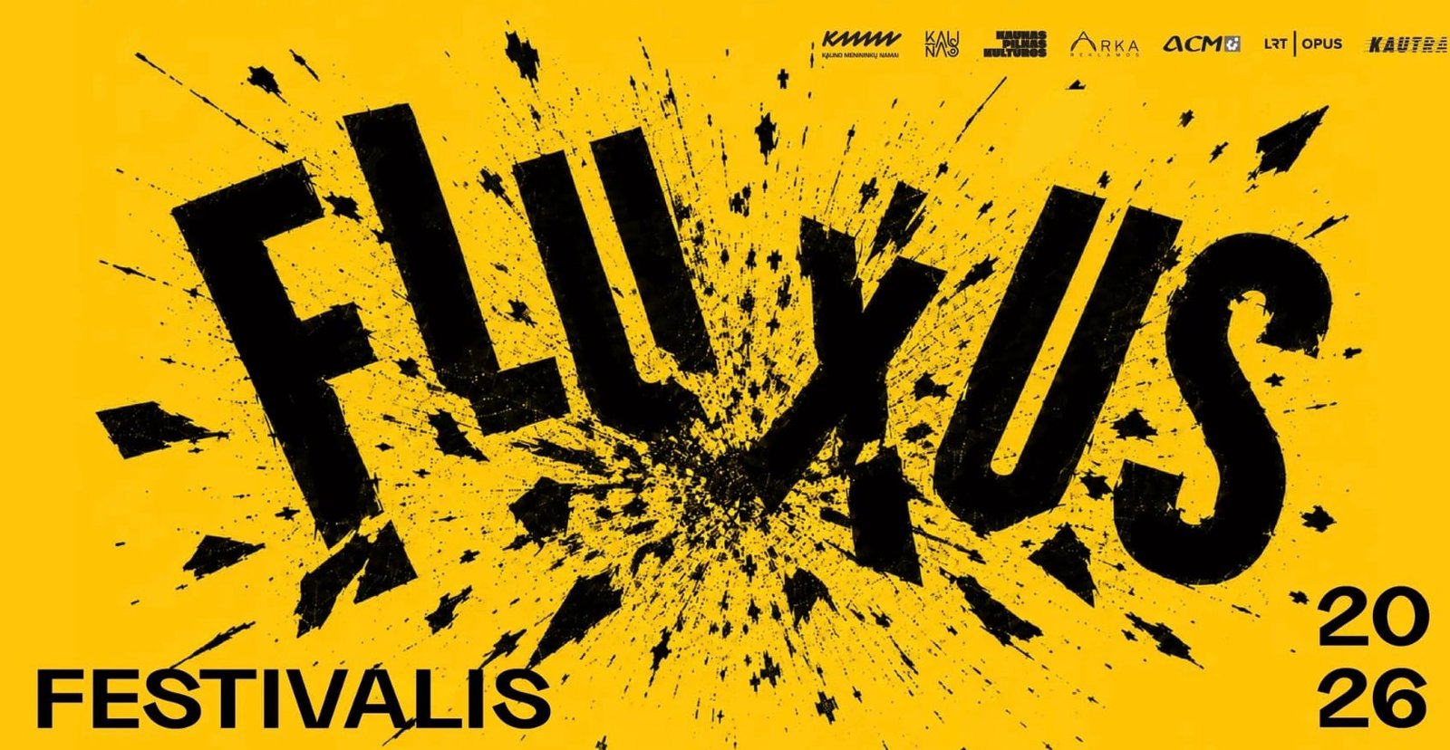 Fluxus festival poster with black ink splatters and bold typography on a yellow background