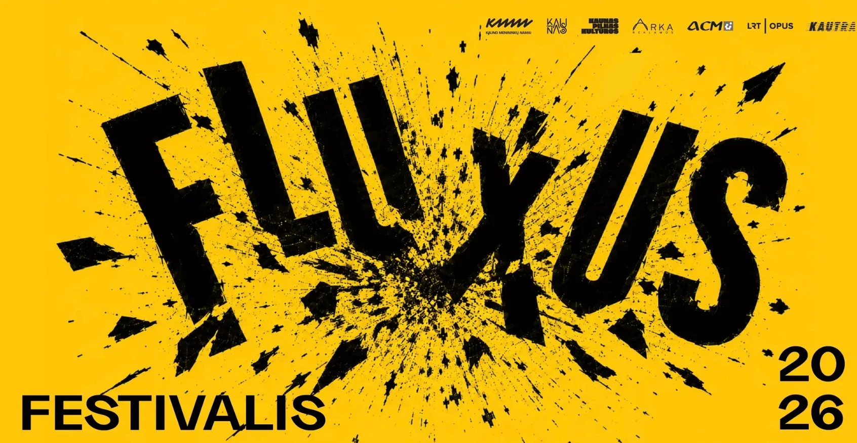 Fluxus festival poster with black ink splatters and bold typography on a yellow background