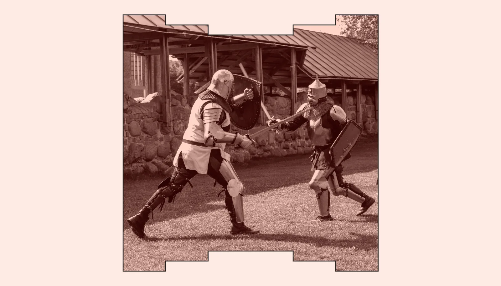 Medieval knights fighting with swords and shields during a historical reenactment festival