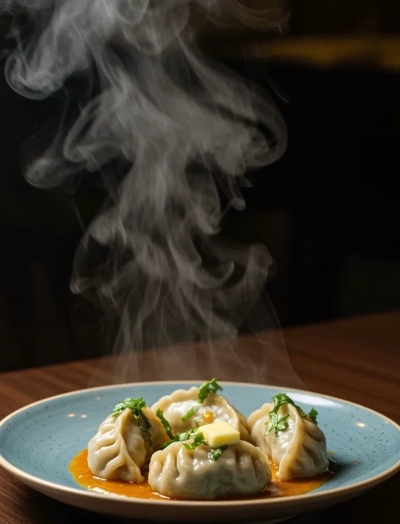 Steaming Himalayan momo dumplings topped with herbs and butter.