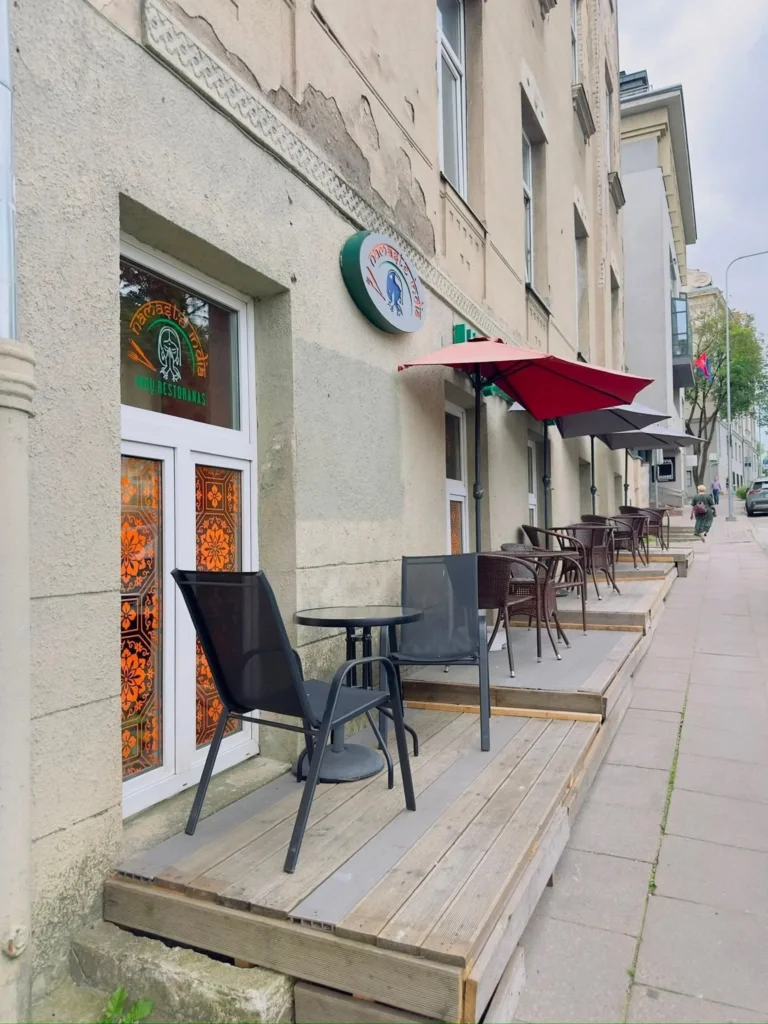 Exterior terrace seating of the Namaste India restaurant.