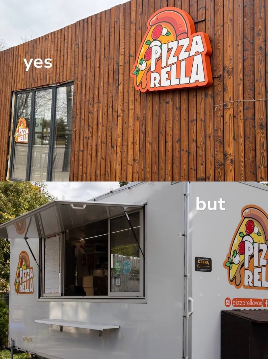Exterior view of Pizza Rella wooden venue and food truck trailer side-by-side.