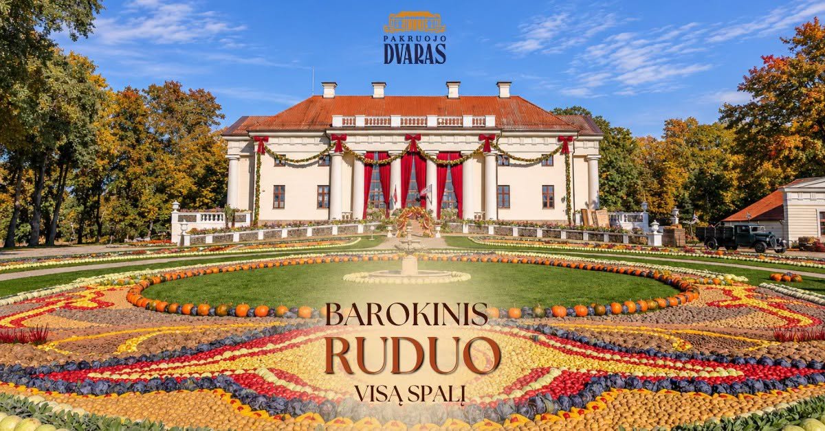 Promotional poster for the "Baroque Autumn" festival at Pakruojis Manor with a vegetable carpet