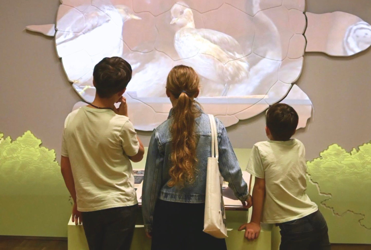Children looking at an interactive turtle projection display at the Tadas Ivanauskas Zoology Museum in Kaunas.