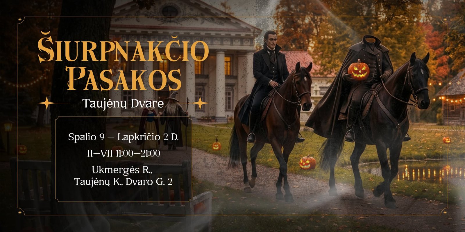 Poster for the "Spooky Fairytales" Halloween event at Taujėnai Manor