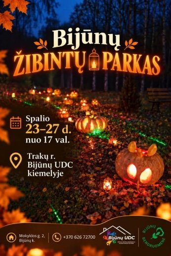 Promotional poster for "Bijūnai Lantern Park" in Trakai district with a glowing pumpkin trail