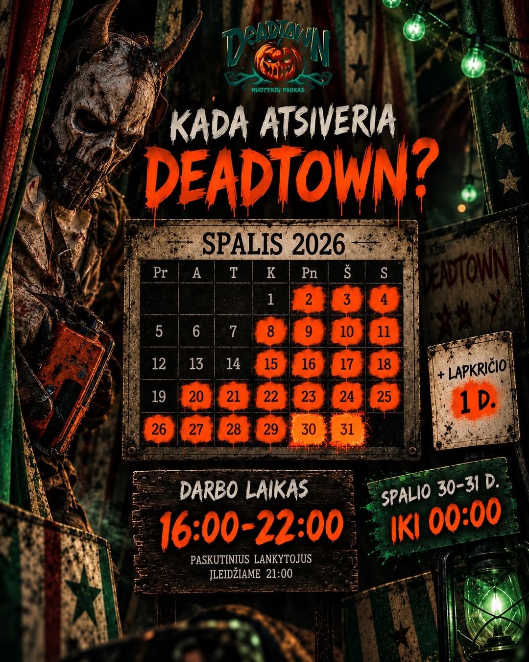 Promotional poster for "DeadTown" horror park in Zapyškis with scare actors