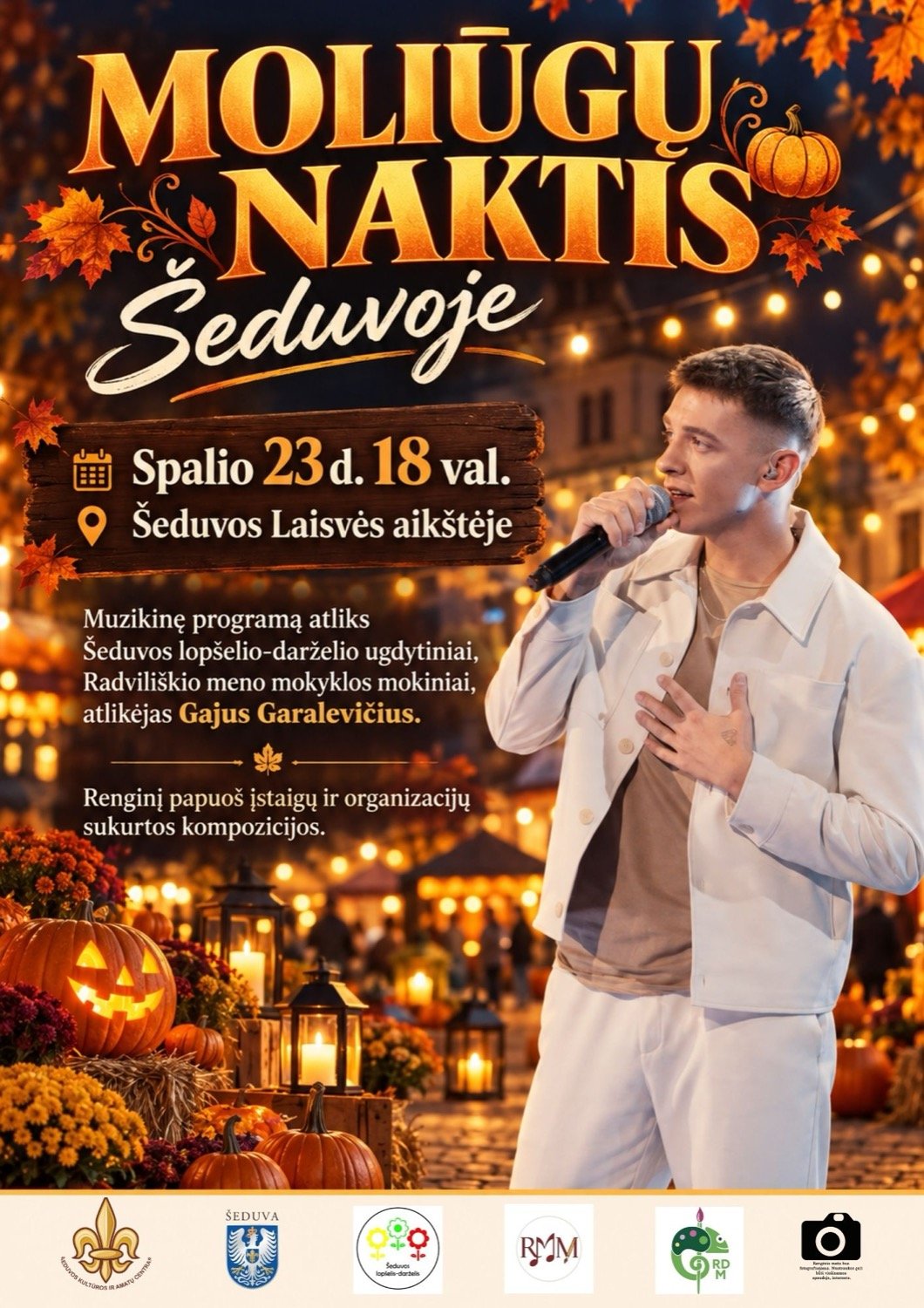 Promotional poster for "Pumpkin Night in Šeduva" featuring performer Gajus Garalevičius