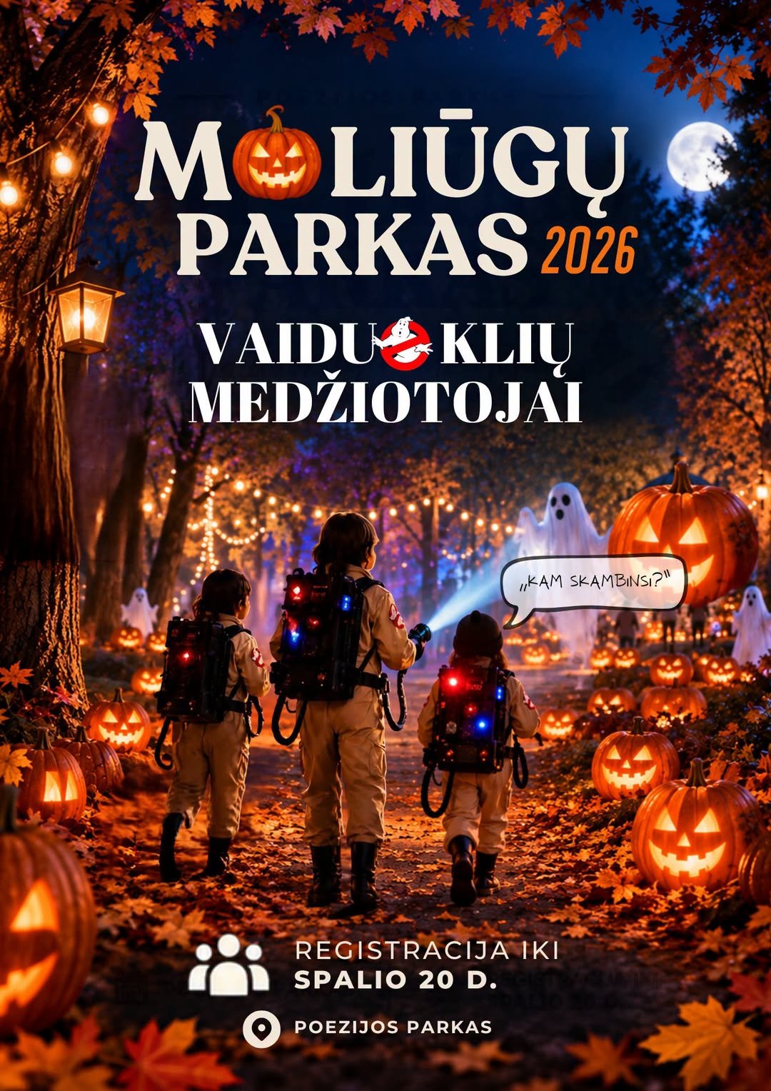 Poster for "Pumpkin Park 2026" in Marijampolė Poetry Park featuring a ghost hunting theme