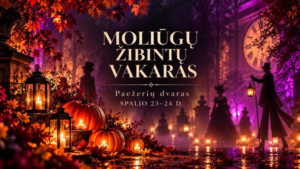 Promotional poster for "Pumpkin Lantern Evening" at Paežeriai Manor featuring glowing pumpkins