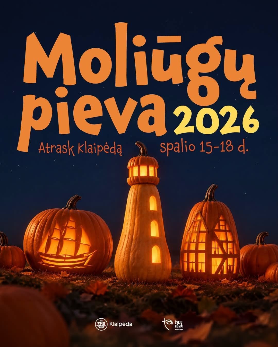 Poster for the "Pumpkin Meadow 2026" event in Klaipėda featuring carved pumpkins