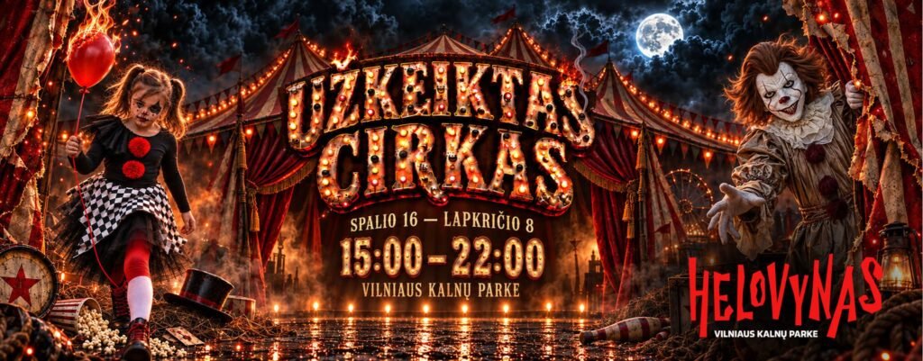 Poster for the "Haunted Circus" Halloween event in Vilnius Kalnų Park