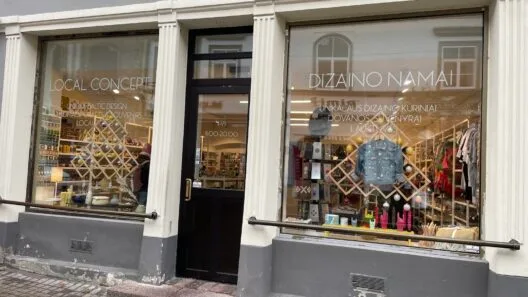 Colorful boutique street with local design shops, vintage stores, and creative concept spaces for shopping in Vilnius.