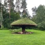 A wooden mushroom-shaped pavilion covered in grass sitting on a sunny forest lawn