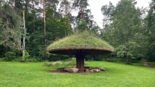 A wooden mushroom-shaped pavilion covered in grass sitting on a sunny forest lawn
