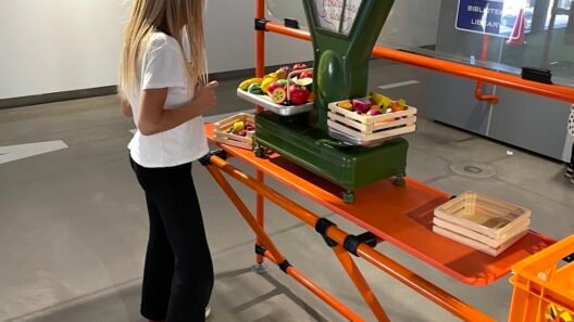 Girl playing with toy food scales at an interactive exhibit - museums in Kaunas for kids.